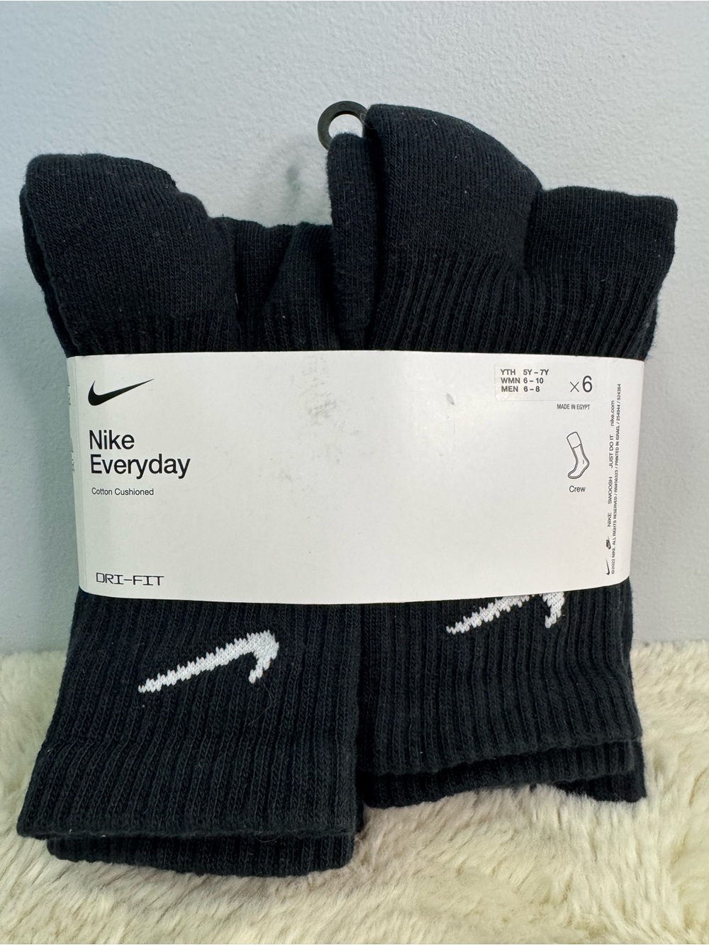 Nike Black Crew Athletic Socks with White Swoosh - 6 Pack